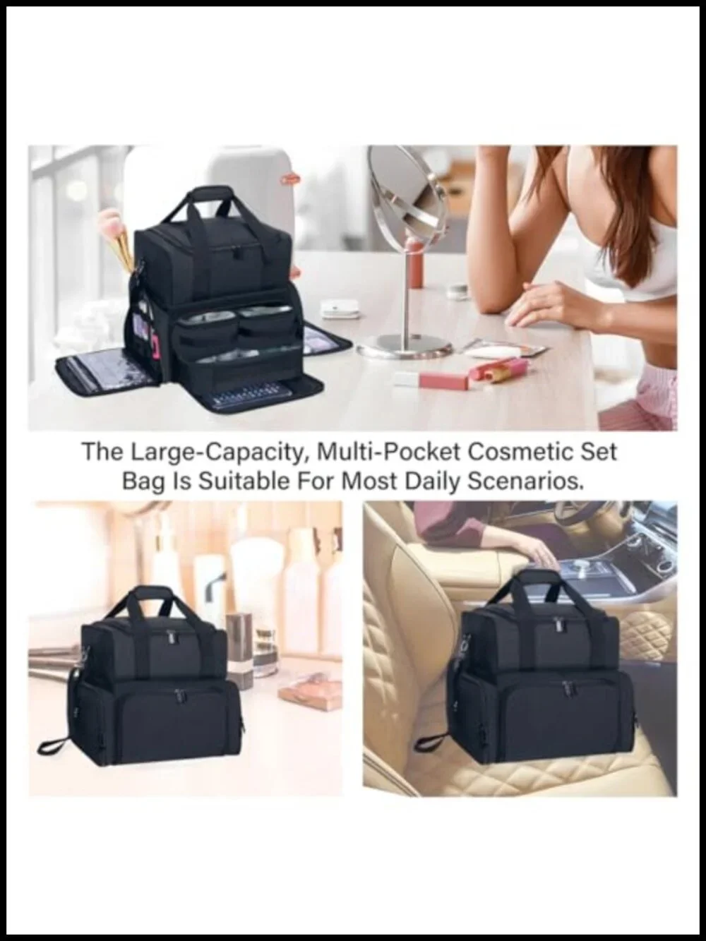 Large Double Layer Travel Makeup Bag with Removable Cases & Dividers, Polyester